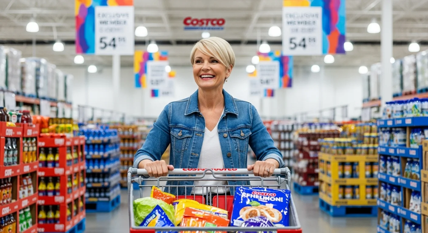 Cliente satisfecho comprando en Costco, empujando un carrito lleno y aprovechando las ofertas exclusivas para socios.
