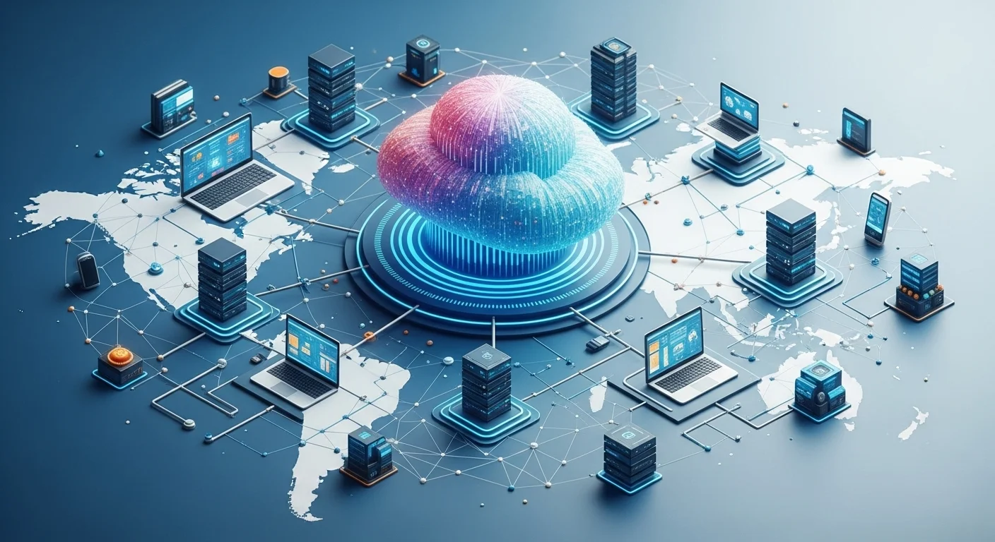 Ilustración abstracta de una nube conectada a múltiples dispositivos y servidores en todo el mundo, simbolizando el cloud hosting y la red global.