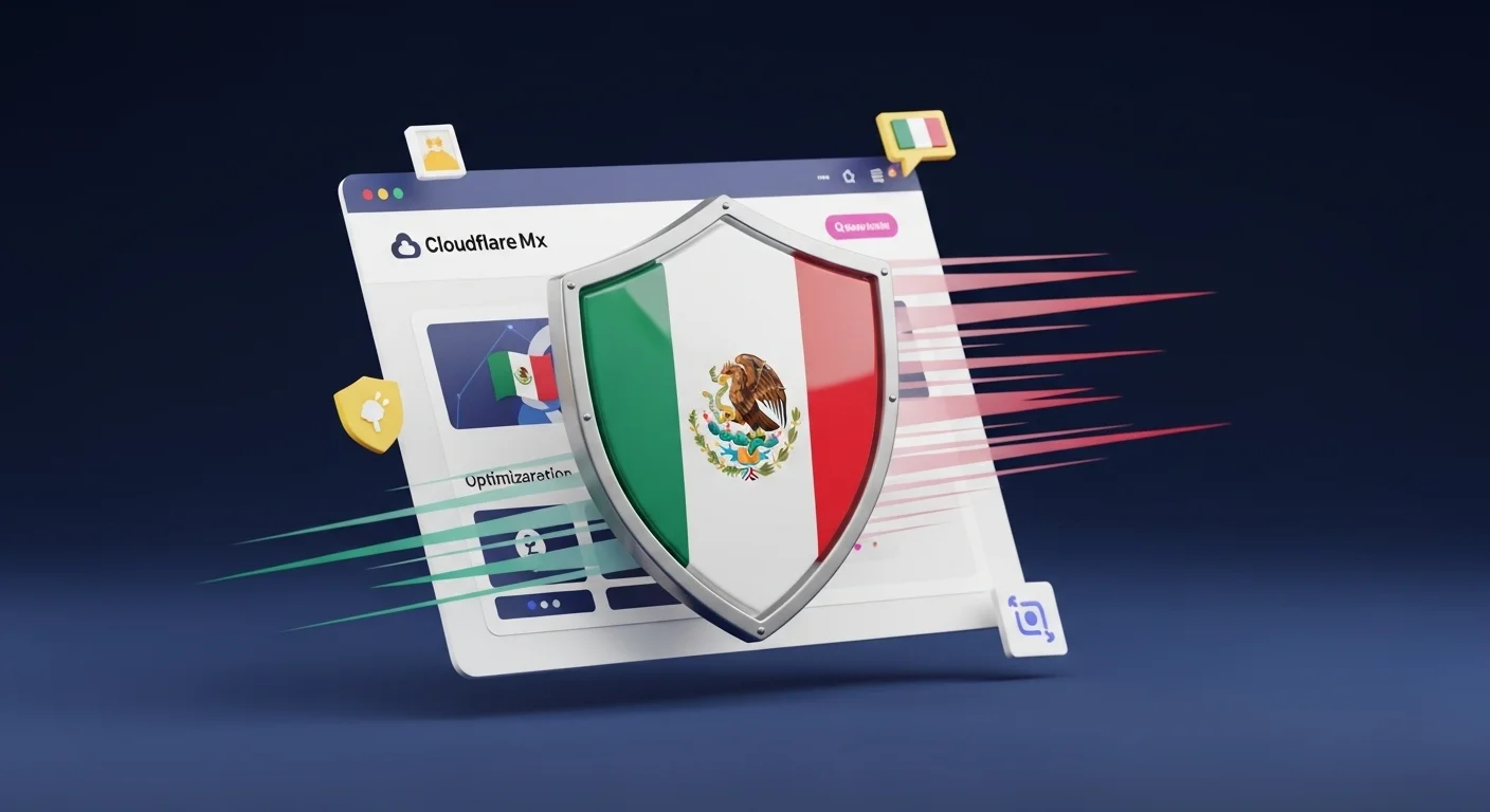 Un escudo protegiendo un sitio web con la bandera de México, con rayos de velocidad emanando de él, representando la seguridad y optimización que Cloudflare Mx proporciona.