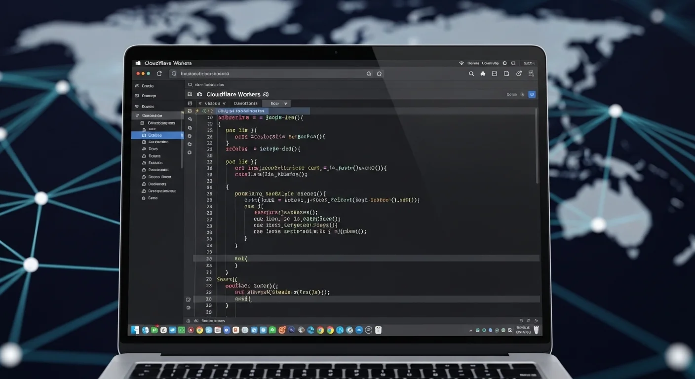 Editor de código mostrando un script de Cloudflare Workers en JavaScript, listo para ser desplegado en la red de borde.