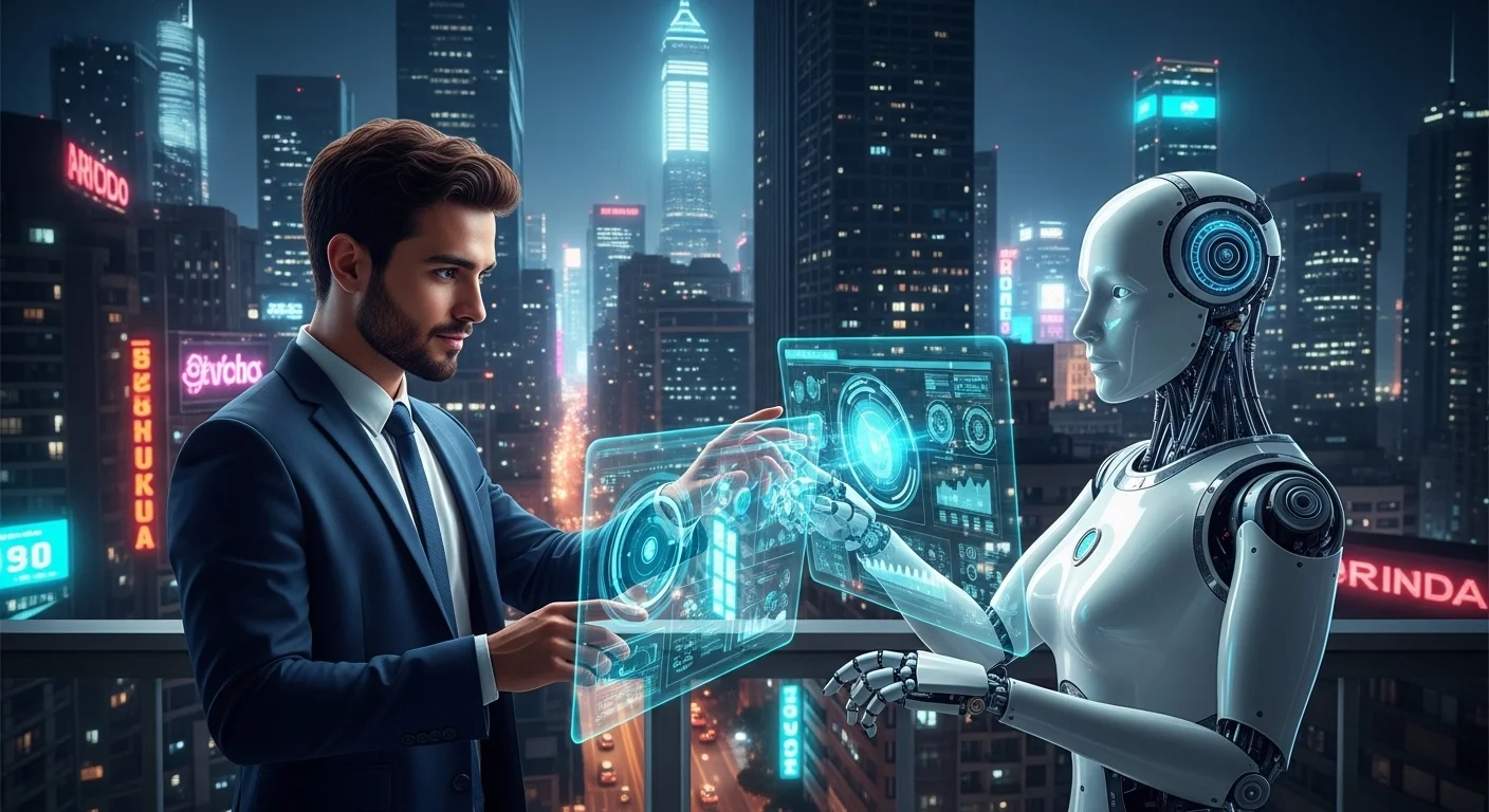 Un humano y un robot trabajando juntos en un entorno colaborativo, ilustrando el futuro de la coexistencia y el reemplazo de humanos por la inteligencia artificial.