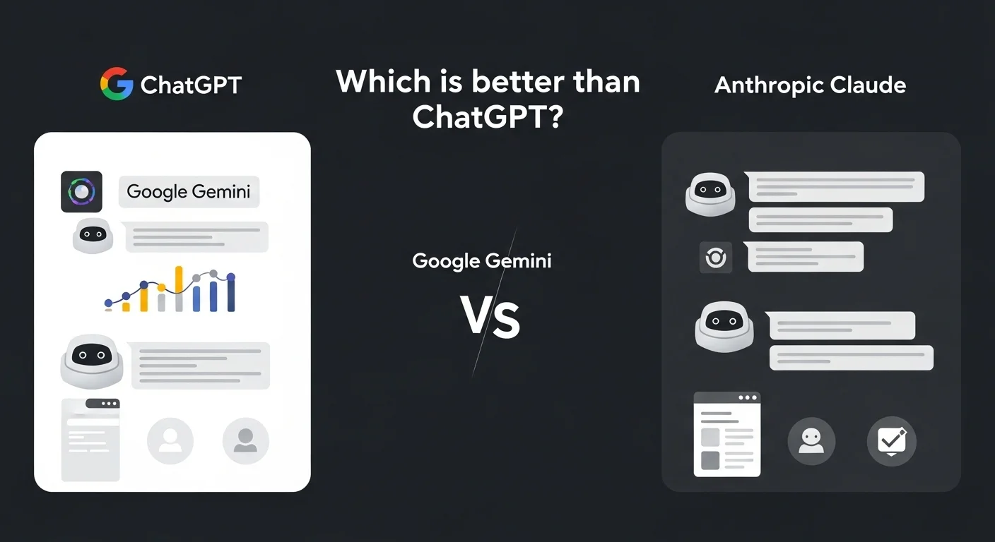 Una infografía comparando las interfaces de el chat gpt, Google Gemini y Anthropic Claude, mostrando la pregunta sobre cuál es mejor que chat gpt.