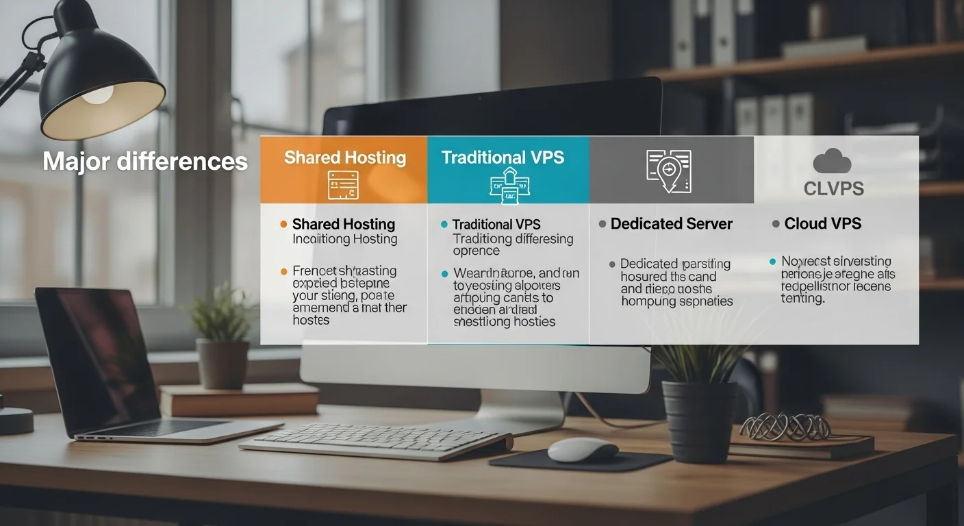 Un diagrama comparativo que muestra las diferencias entre hosting compartido, VPS tradicional, servidor dedicado y Cloud VPS.