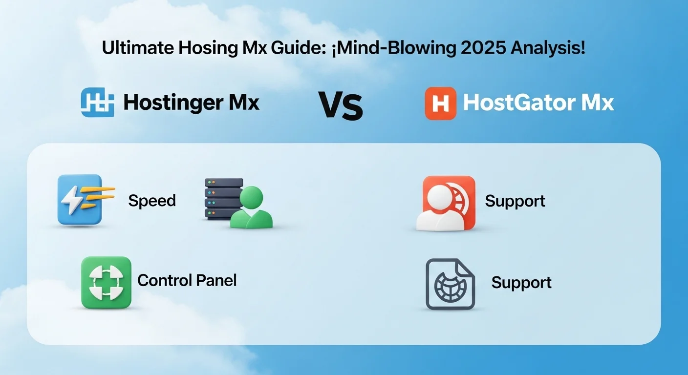 Infografía comparativa mostrando las características clave de Hostinger Mx y HostGator Mx, con iconos para velocidad, panel de control y soporte, enfocada en el mercado de México.