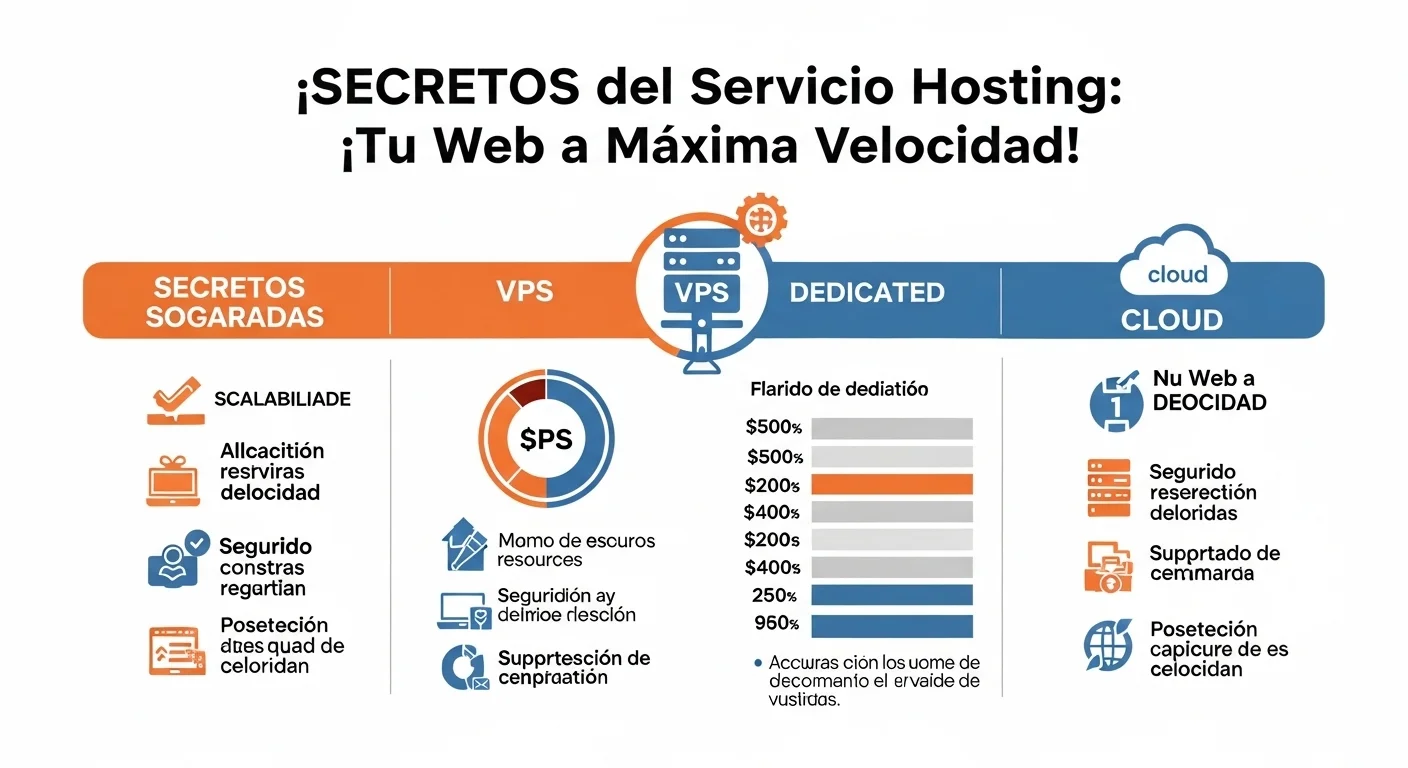 Infografía clara y visual que compara las características del servicio de hosting compartido, VPS, dedicado y en la nube para ayudar a los usuarios a elegir la opción correcta.