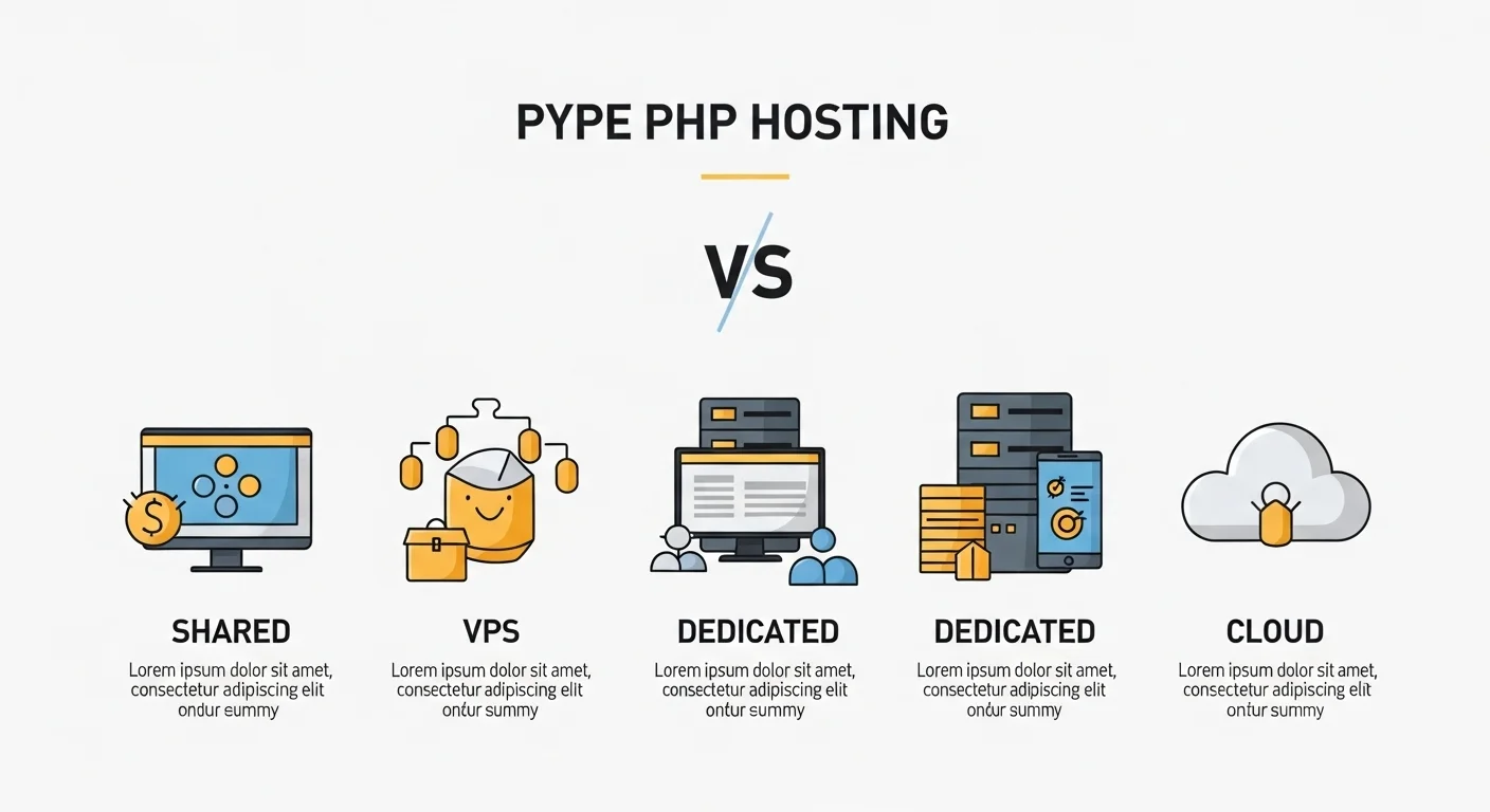 Infografía comparando hosting compartido, VPS, dedicado y en la nube con iconos representativos de cada uno.
