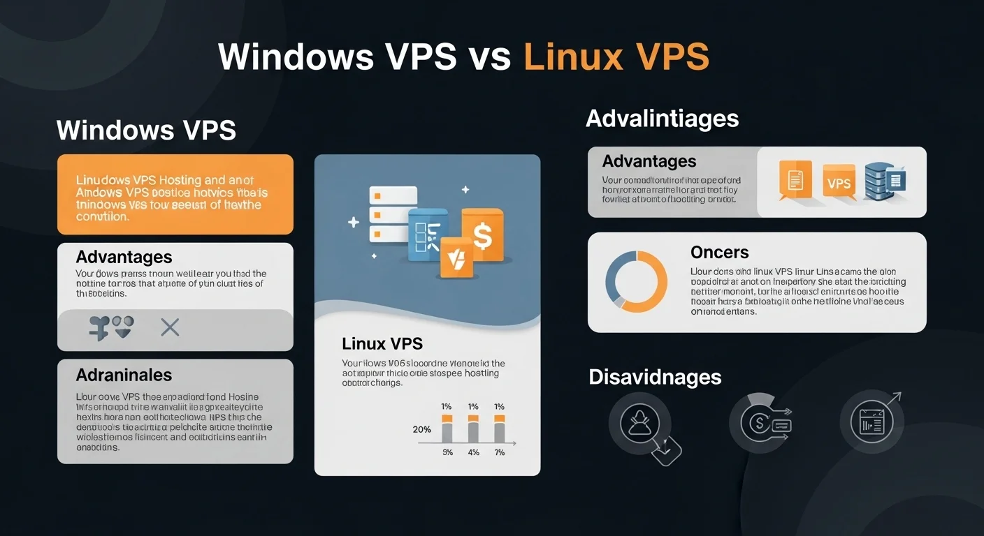 Infografía comparando las características, pros y contras de un hosting vps windows frente a un hosting vps linux.
