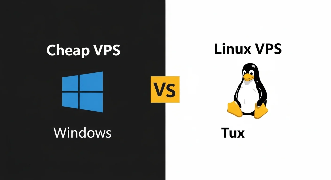Infografía dividida en dos, comparando un vps windows barato con el logo de Windows a un lado, y un vps linux barato con el pingüino Tux al otro, destacando sus diferencias.