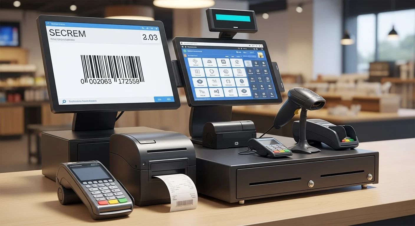 Una composición de los componentes de hardware de un sistema de ventas pos: pantalla, escáner, impresora de recibos, lector de tarjetas y cajón de dinero.