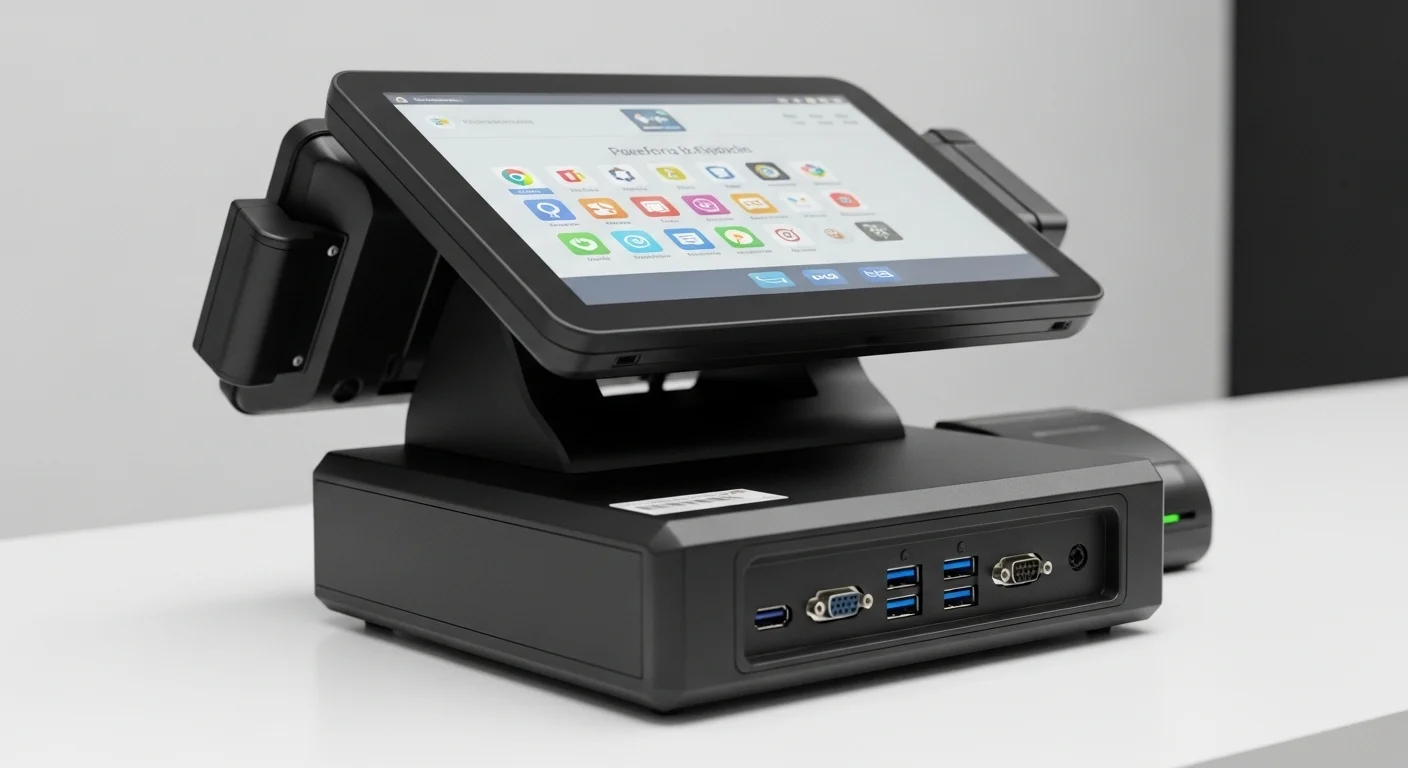Primer plano de una computadora touch para punto de venta, destacando la robustez de su carcasa y la variedad de puertos de conexión en su parte trasera.