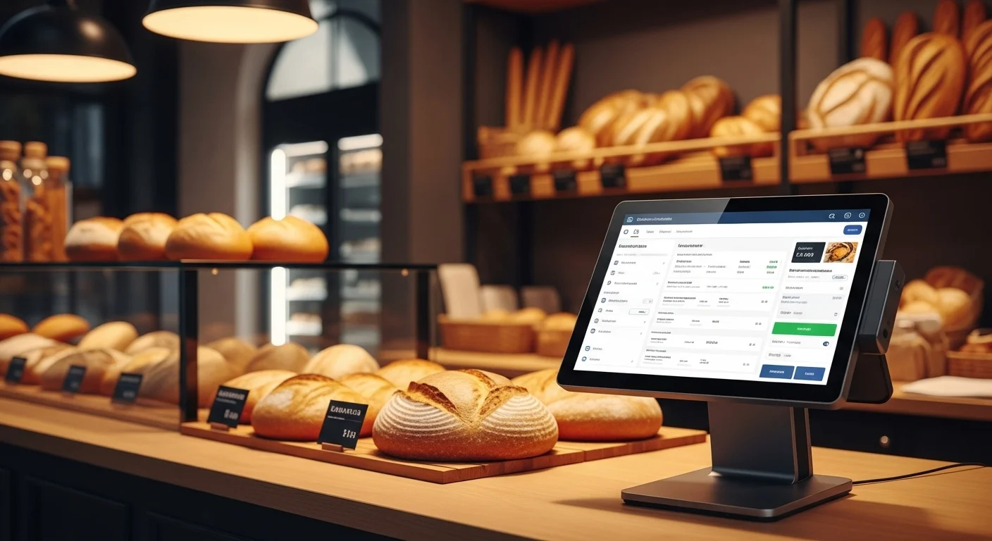 Moderna computadora de punto de venta (POS) en el mostrador de una panadería artesanal, mostrando la interfaz de software de gestión.