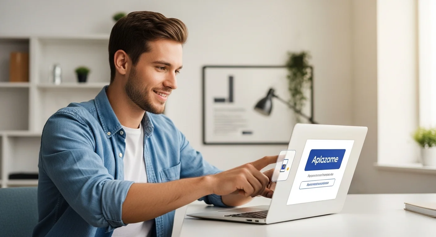 Una persona seleccionando la opción de pago Aplazame en una tienda online de computadoras para financiar su nuevo laptop.