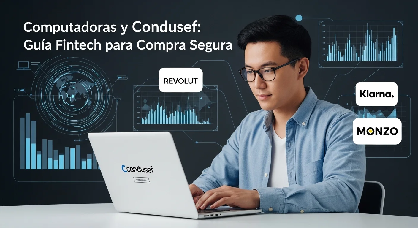 Una persona usando una laptop para revisar el sitio web de la Condusef, con gráficos de seguridad y logotipos de fintech al fondo, simbolizando la compra segura de computadoras.
