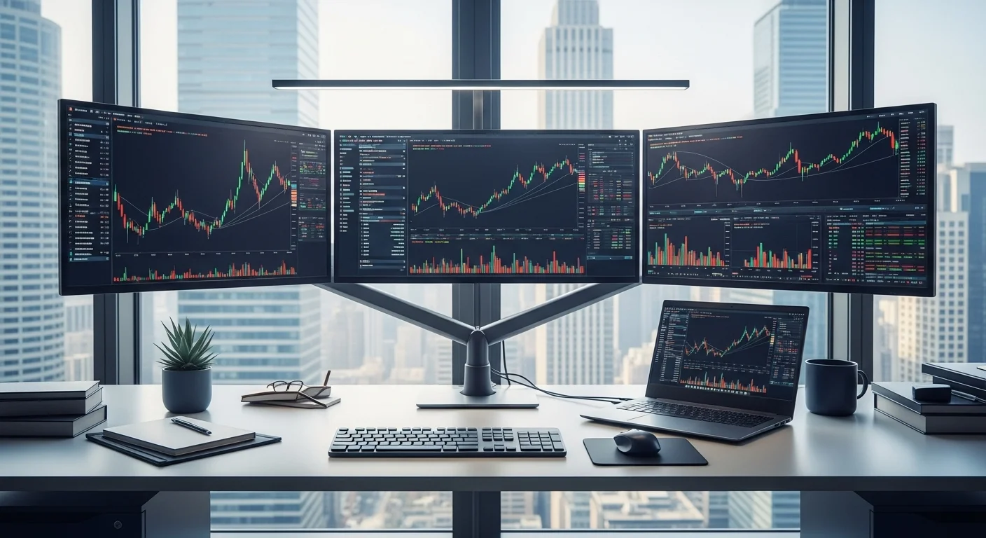 Estación de trabajo con múltiples monitores mostrando gráficos financieros, simbolizando la unión de computadoras e inversiones en el trading y fintech.