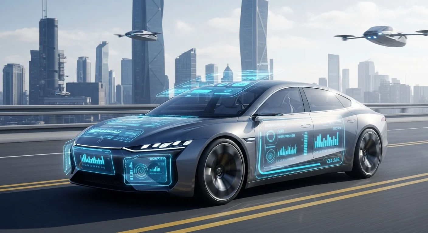 Concepto de vehículo autónomo con interfaces digitales futuristas, mostrando el futuro de la ingeniería en diseño automotriz y la conectividad V2X.