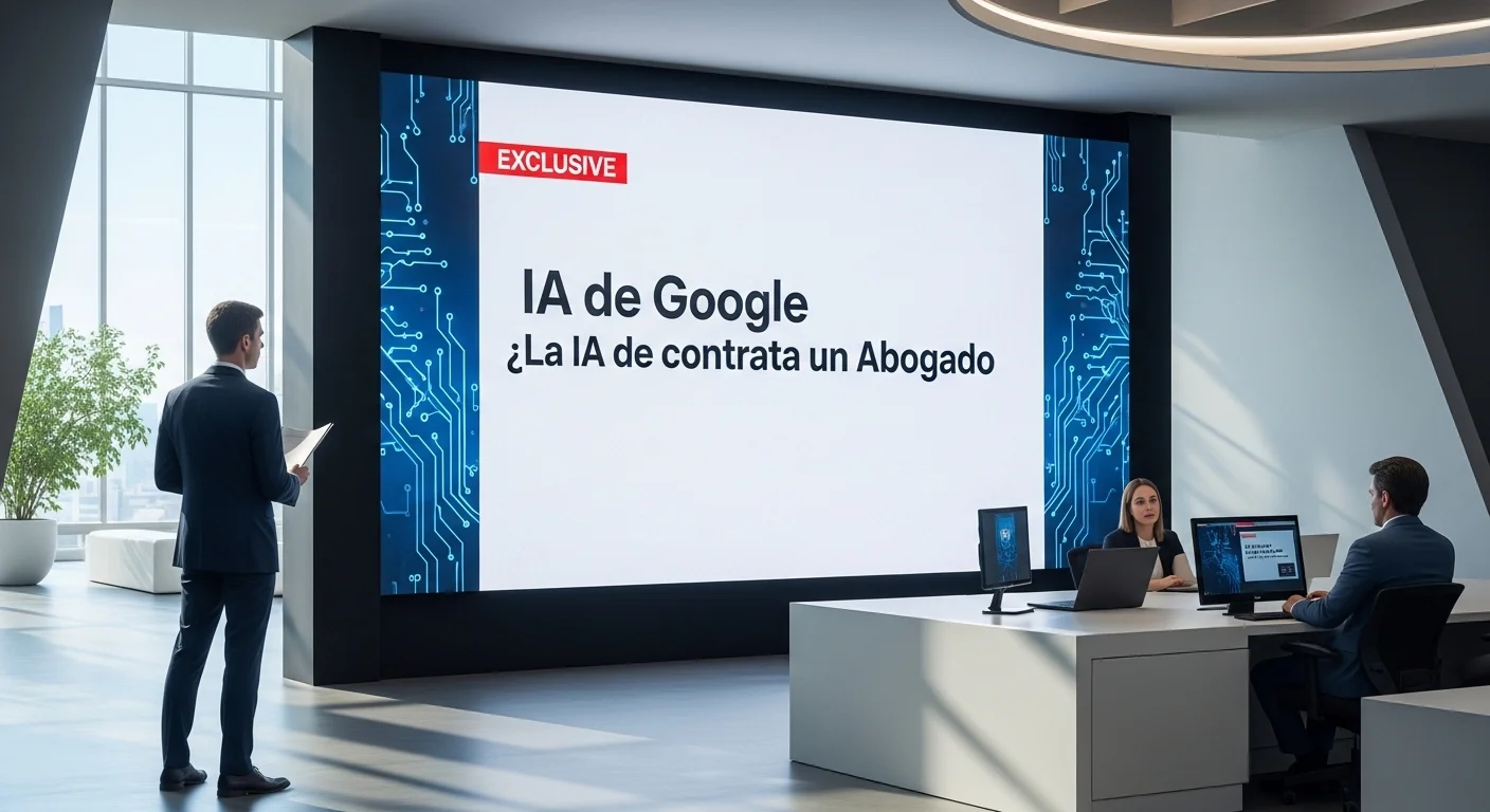 Un montaje visual que representa una pantalla de noticias con el titular 'IA de Google contrata abogado', ilustrando el impacto mediático del tema.
