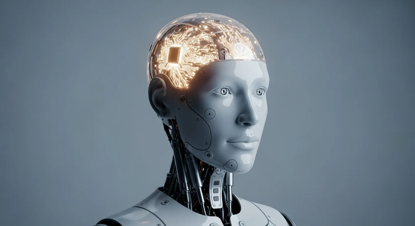 Imagen de un robot humanoide con circuitos iluminados en su cabeza, simbolizando el proceso de pensamiento y la conciencia artificial.