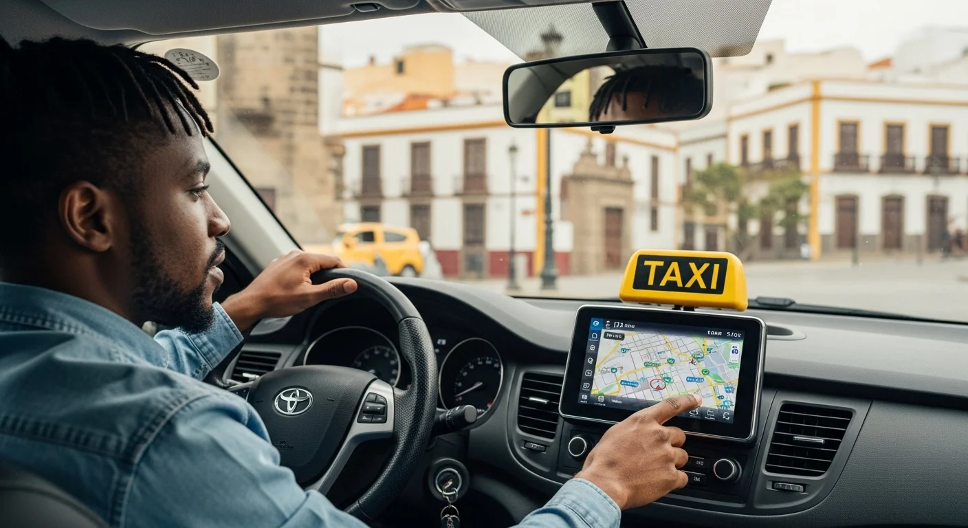 Un conductor consultando la pantalla de su coche con maps en tiempo real, mostrando el estado del tráfico en las calles de Las Palmas de Gran Canaria.