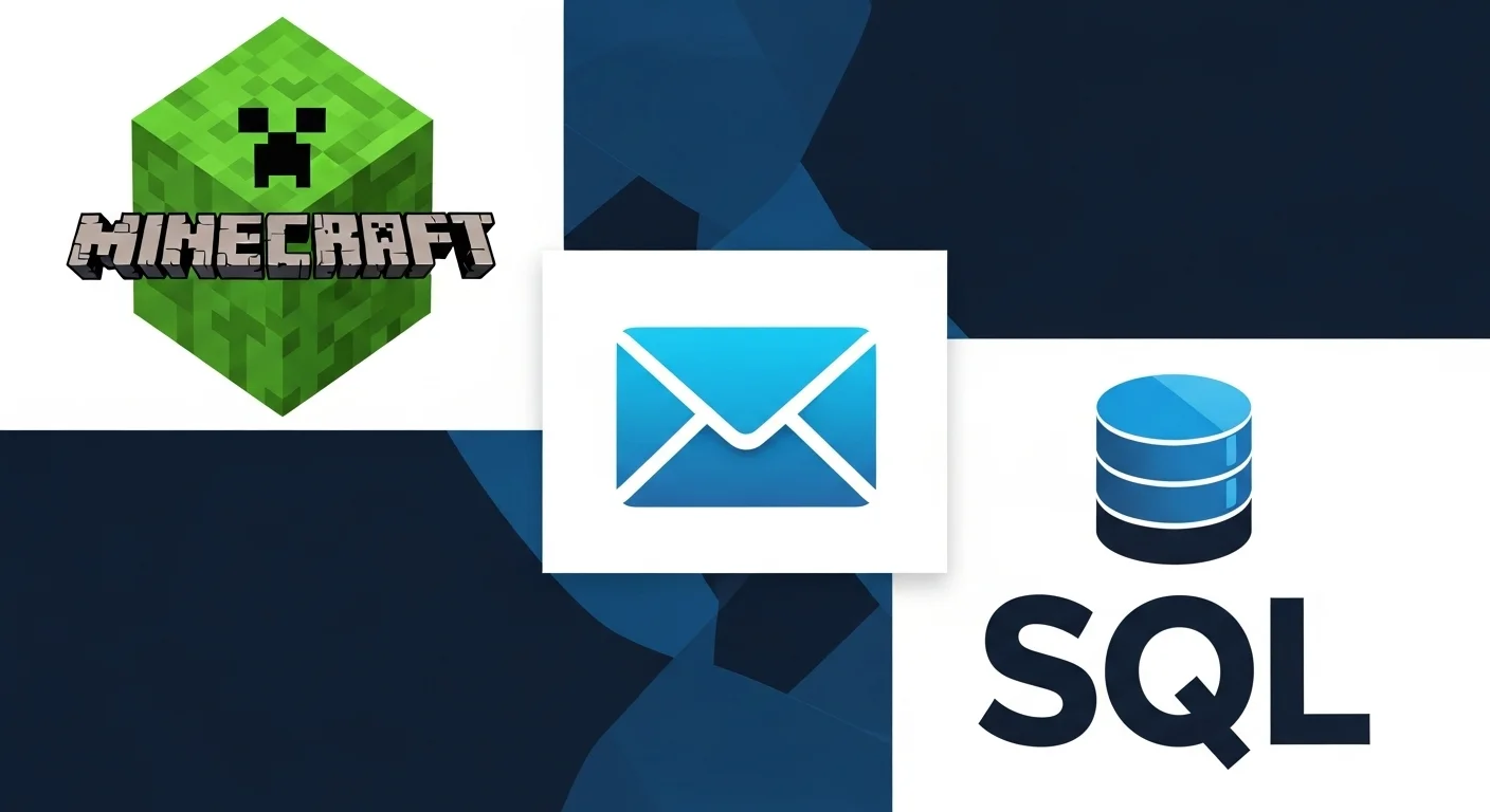 Collage de imágenes mostrando los logos de Minecraft, un servidor de correo y una base de datos SQL, representando los usos de un vps server minecraft, vps mail server y vps sql server.