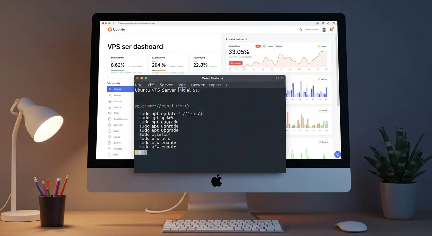 Una captura de pantalla de una terminal mostrando la configuración inicial de un servidor vps ubuntu, con comandos de actualización y seguridad.