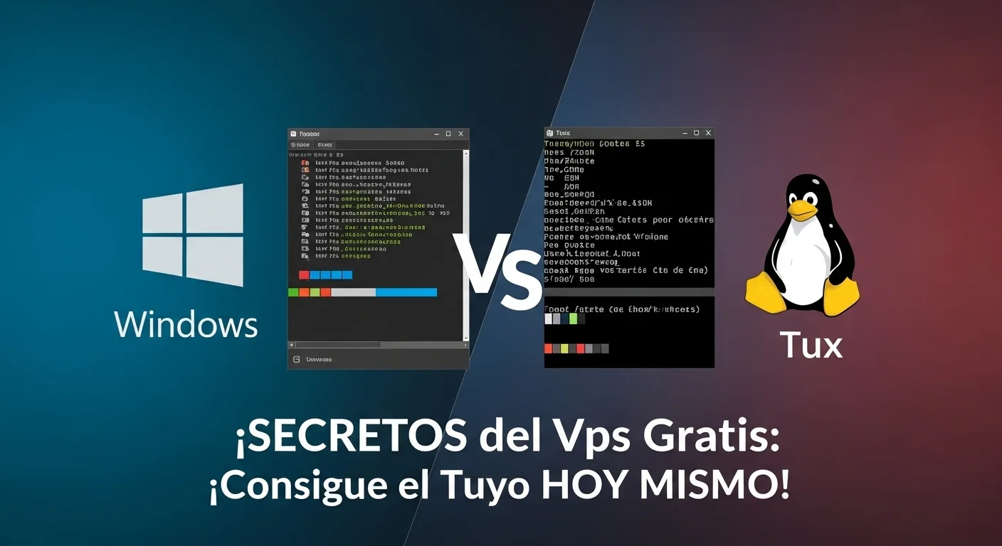 Una imagen dividida que muestra el logo de Windows junto a una terminal de escritorio remoto y el logo de Linux (Tux) junto a una terminal de línea de comandos SSH, comparando vps windows gratis y vps linux gratis.
