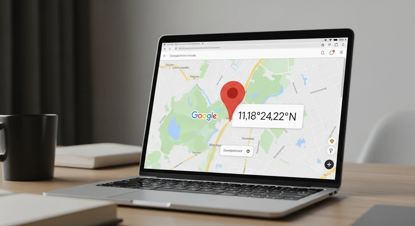 Una imagen mostrando la interfaz de Google Maps en un ordenador con un pin rojo en una ubicación y un recuadro resaltando las coordenadas de latitud y longitud.