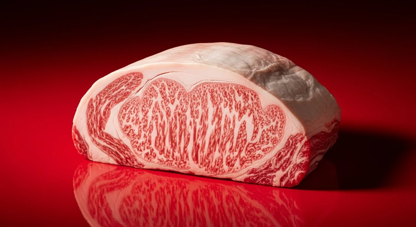 Primer plano de un corte de carne Wagyu A5 mostrando un intenso marmoleado blanco sobre un fondo rojo brillante, resaltando la calidad y el alto precio de la vaca wagyu.