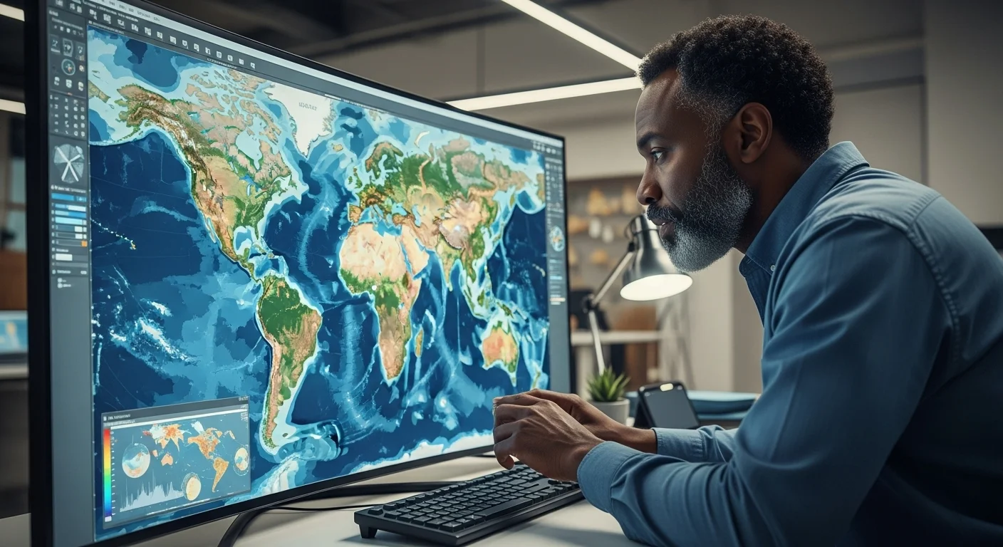 Ilustración que muestra a un cartógrafo trabajando con software GIS en una pantalla, creando un mapa fisico del mundo a partir de capas de datos satelitales.