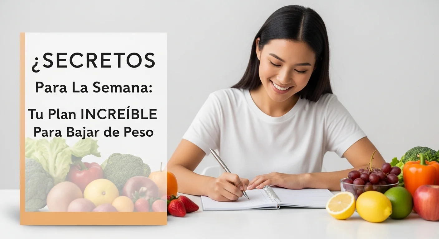 Persona escribiendo en un planificador de 'menus saludables para la semana', con frutas y verduras frescas sobre la mesa, demostrando la importancia de la organización en una dieta.