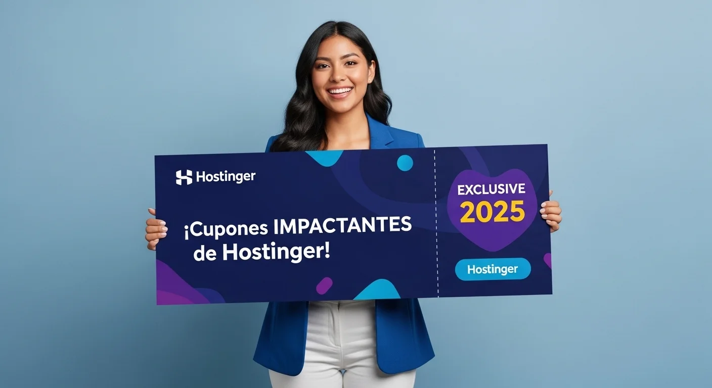 Una persona sonriente sostiene un cupón gigante con el logo de Hostinger, simbolizando el ahorro obtenido con un cupon hostinger.