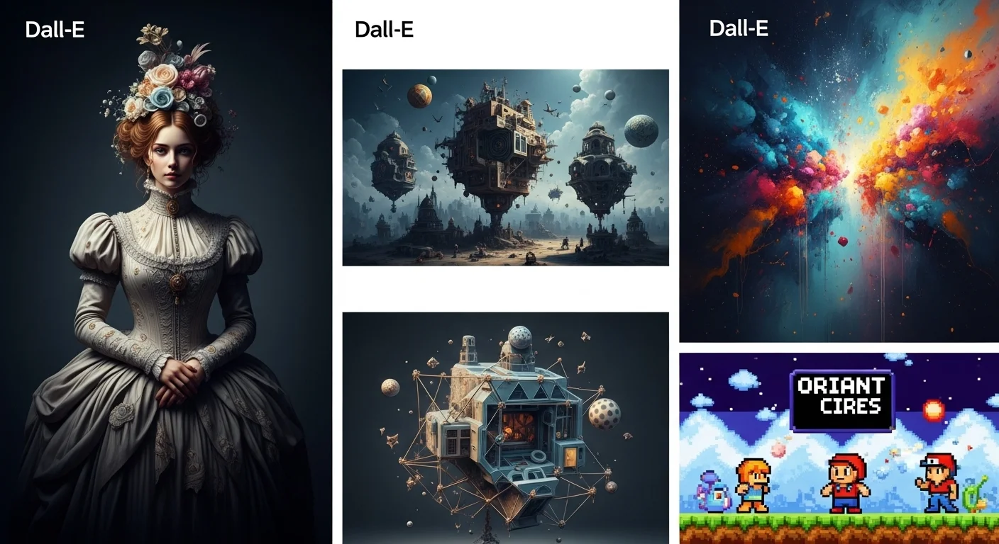 Varios dall e ejemplos en diferentes estilos artísticos, desde fotorrealismo hasta pixel art, demostrando la versatilidad de la inteligencia artificial.