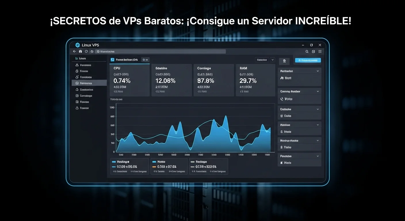 Captura de pantalla de un panel de control de un vps linux barato mostrando gráficos y estadísticas de uso de CPU, RAM, y almacenamiento, simbolizando el control del usuario.