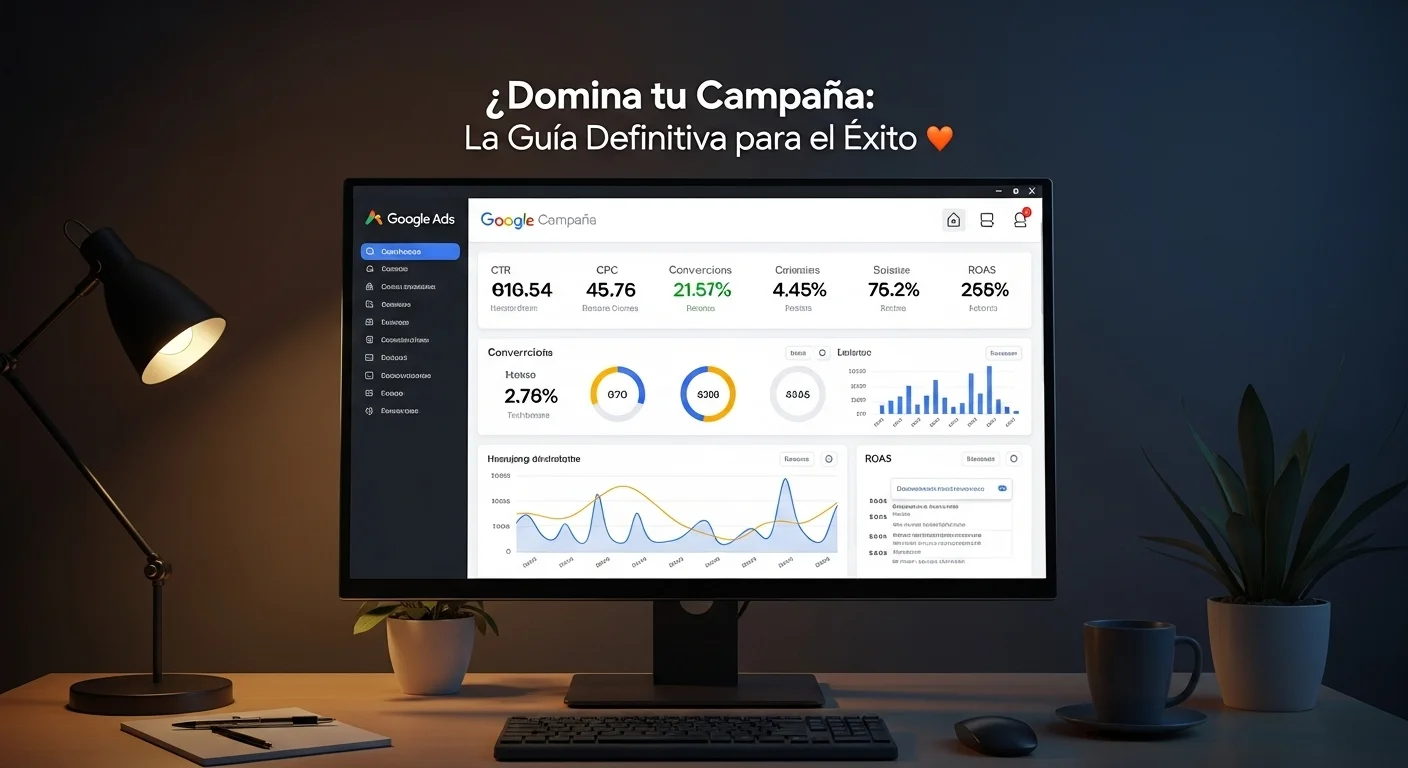 Una pantalla de ordenador mostrando un dashboard detallado de una campaña Google Ads, con métricas clave como CTR, CPC, conversiones y ROAS.