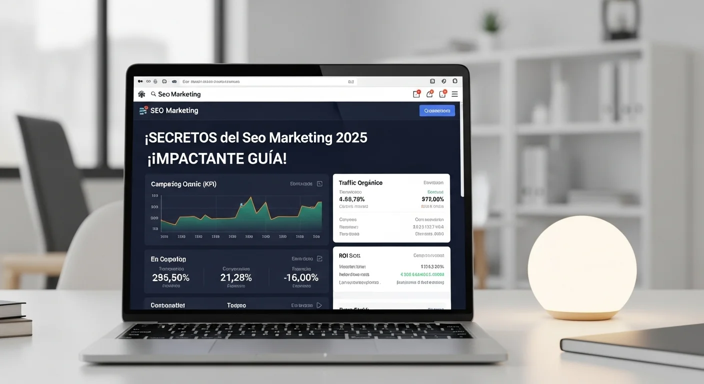 Dashboard de análisis de una campaña de marketing seo, mostrando KPIs como tráfico orgánico, tasa de conversión y ROI en un portátil.
