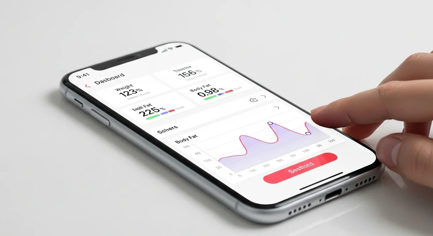 Primer plano de la pantalla de un smartphone mostrando el detallado dashboard de la aplicación de una bascula de baño inteligente, con gráficos de peso, IMC y grasa corporal.