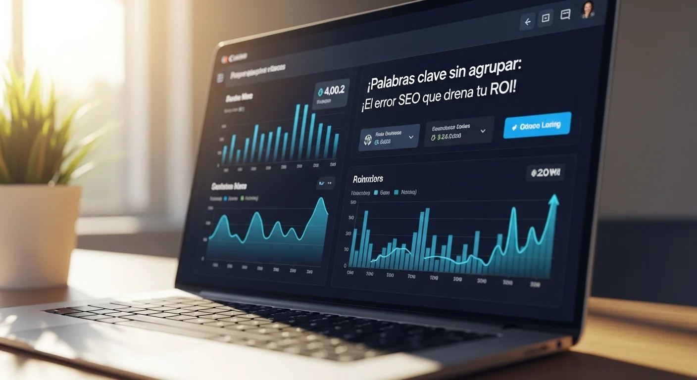 Un dashboard de análisis con gráficos de KPI que muestran una tendencia ascendente, simbolizando el éxito tras agrupar palabras clave.