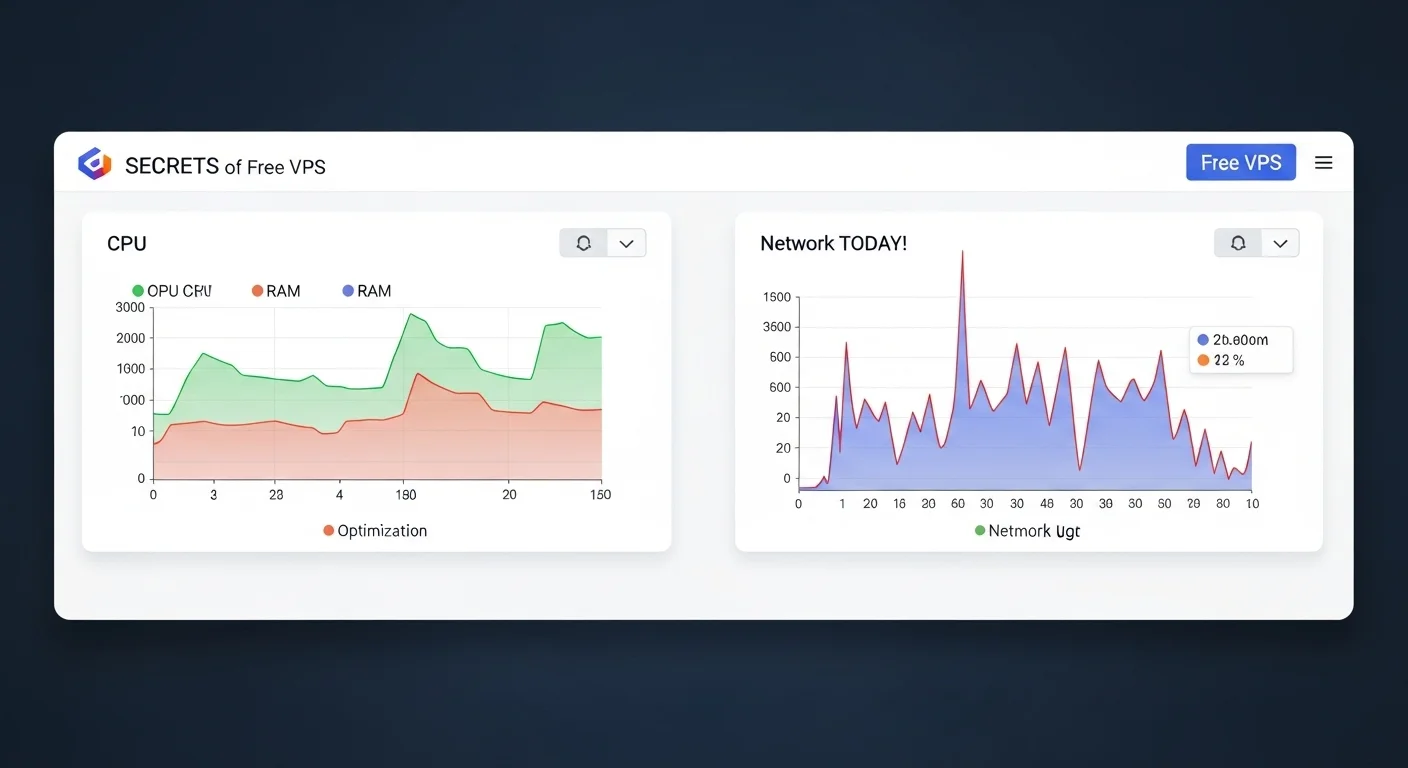 Un panel de control o dashboard mostrando gráficos de uso de CPU, RAM y red, representando la gestión de un servidor vps gratis para evitar costos.