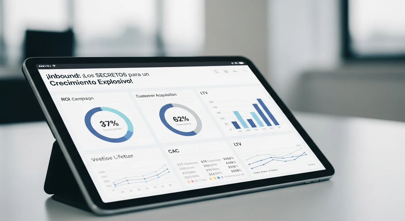 Primer plano de un dashboard en una tablet mostrando KPIs y métricas clave de una campaña de inbound marketing, como el ROI, CAC y LTV.