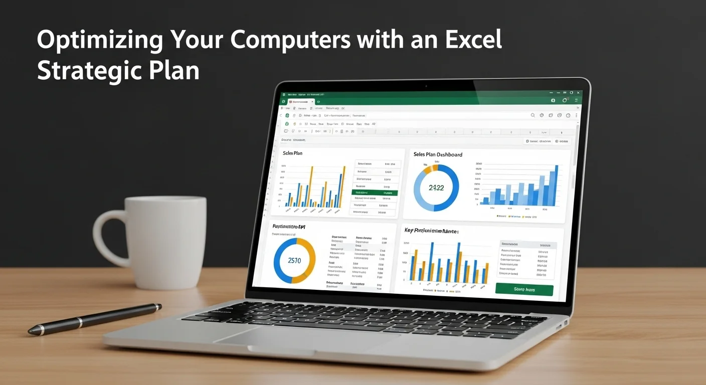 Primer plano de un dashboard de un plan de ventas en Excel mostrado en la pantalla de una laptop de negocios, con gráficos de KPI y proyecciones.