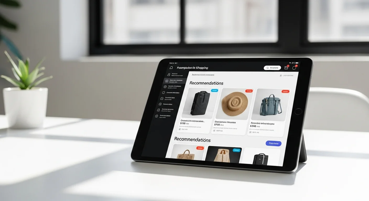 Pantalla de una tablet mostrando un dashboard de compras online con recomendaciones de productos, un claro ejemplo de machine learning en la vida cotidiana.
