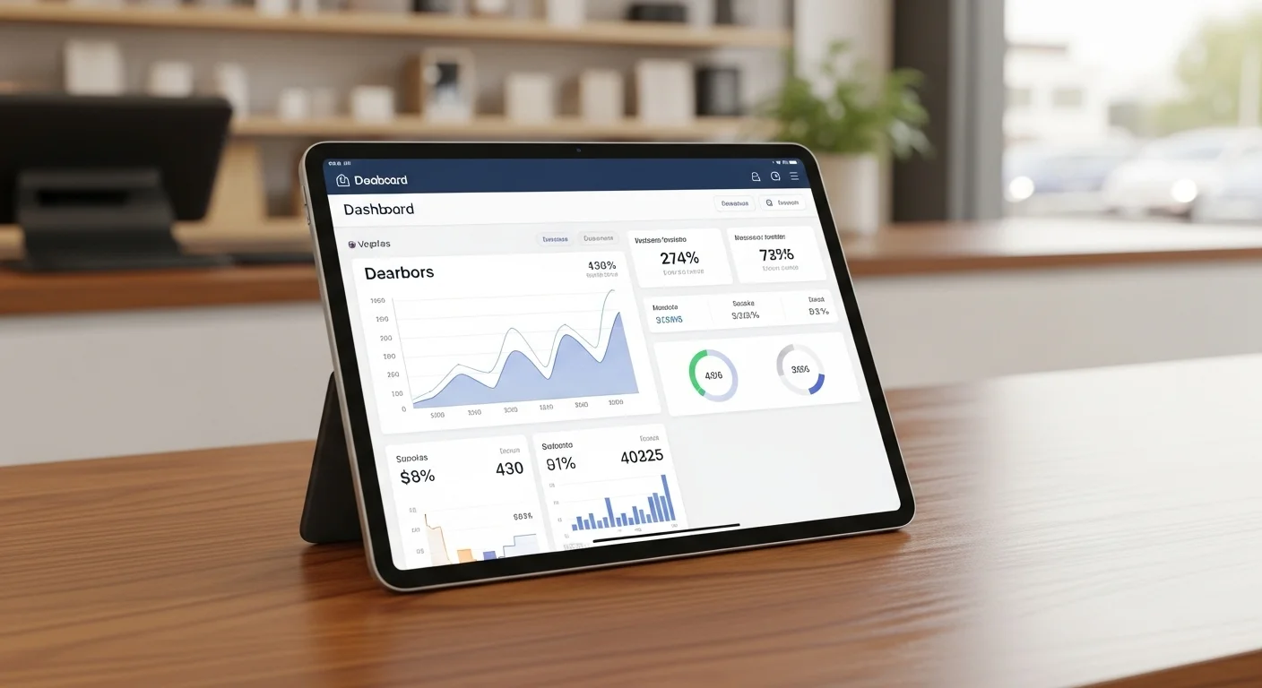 Una tablet mostrando un dashboard de un software tpv comercio con gráficos de ventas y análisis de inventario, sobre un mostrador de madera.
