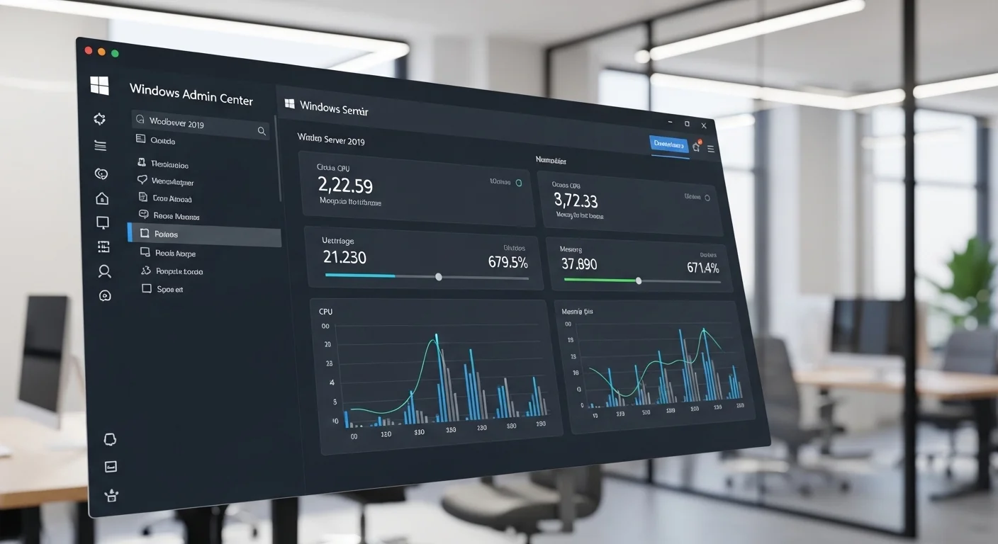 Captura de pantalla del dashboard de Windows Admin Center gestionando un vps windows server 2019, mostrando métricas de rendimiento como CPU y uso de memoria.