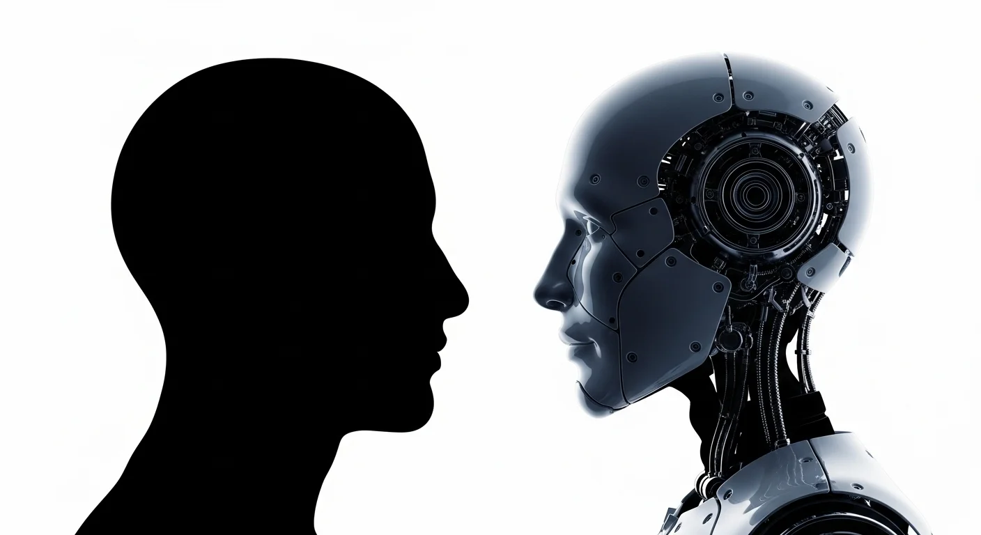Siluetas de una cabeza humana y una cabeza de robot frente a frente, simbolizando el debate sobre la conciencia de la lambda ia de google.