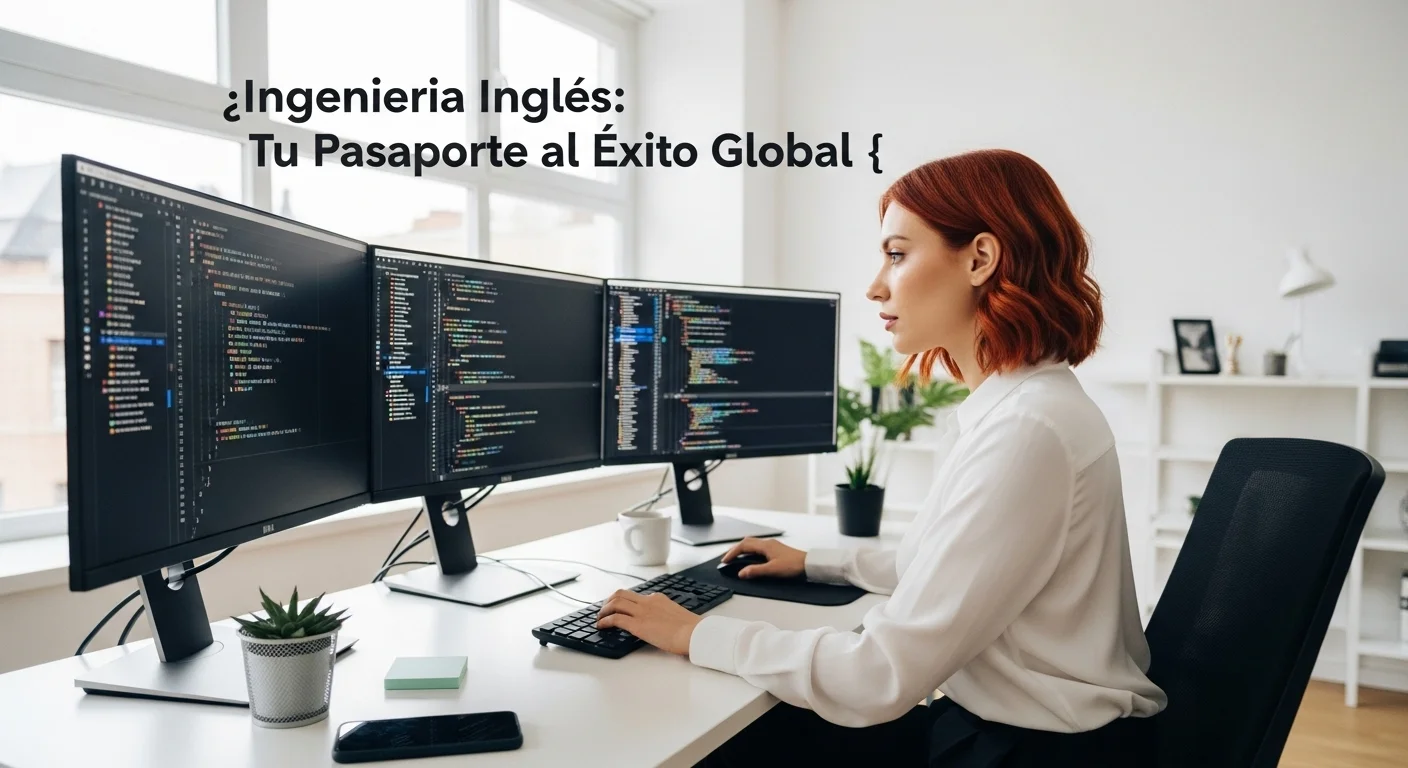 Un desarrollador de software programando frente a múltiples monitores que muestran código con términos en inglés, representando la ingenieria informatica en ingles.