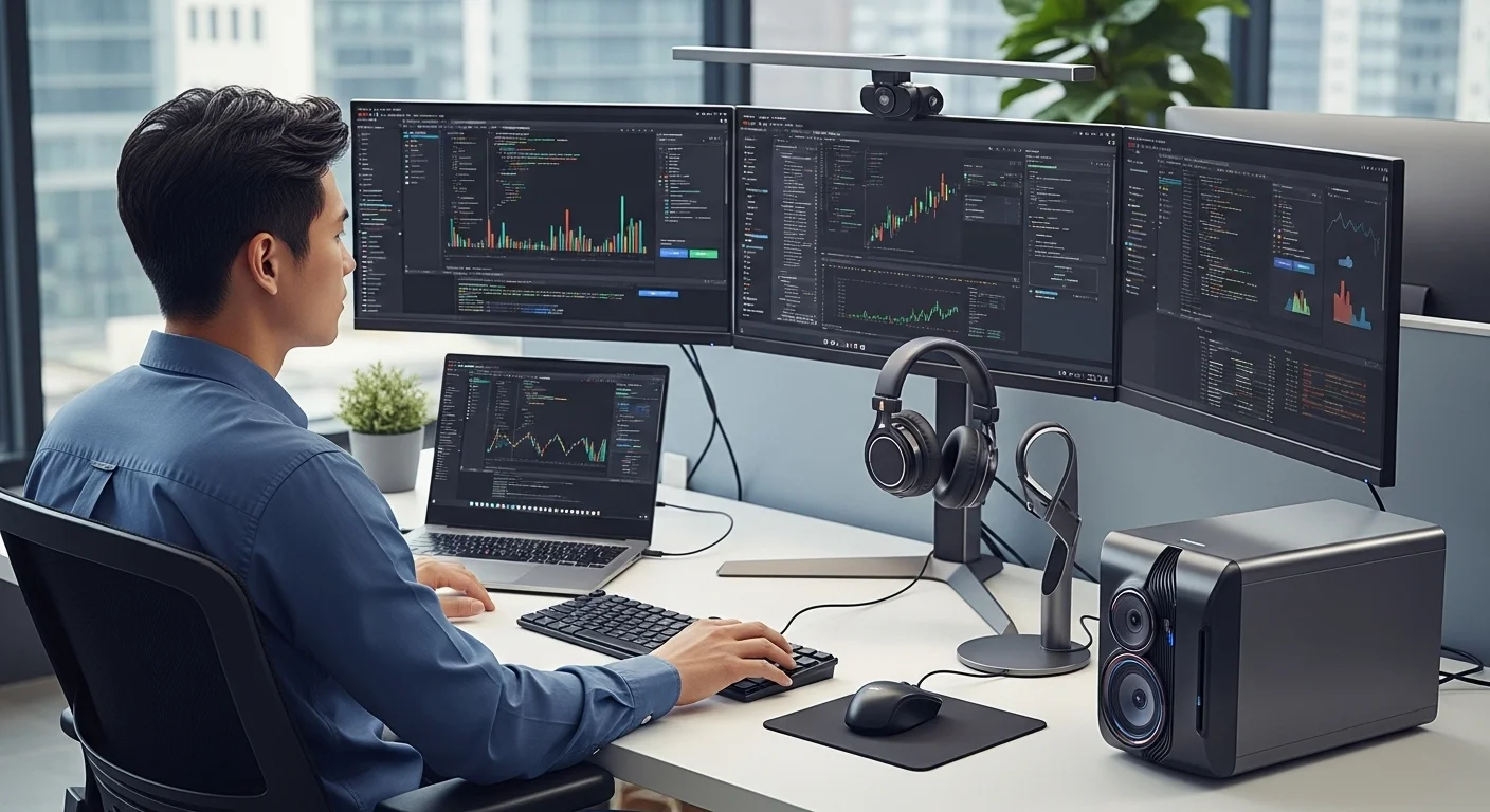 Setup de un desarrollador de software en una Fintech, con múltiples monitores, laptop potente y accesorios ergonómicos.