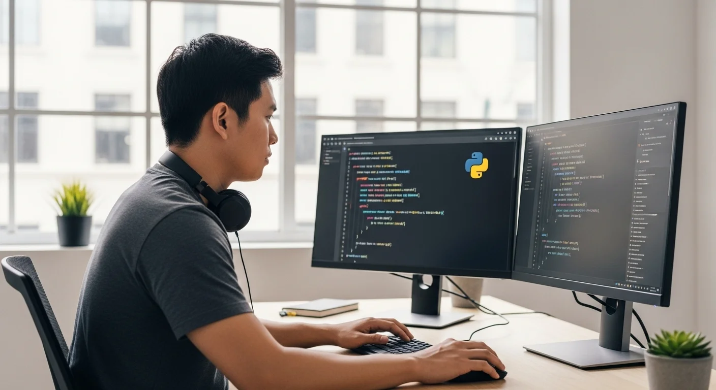 Un desarrollador trabajando en su PC con código Python en la pantalla, enfocado en un proyecto de inteligencia artificial.
