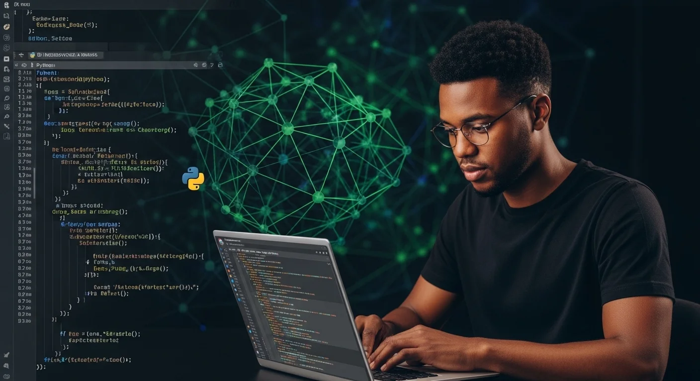 Un desarrollador trabajando en una pantalla con c贸digo que muestra inteligencia artificial python ejemplos, con gr谩ficos de redes neuronales de fondo.