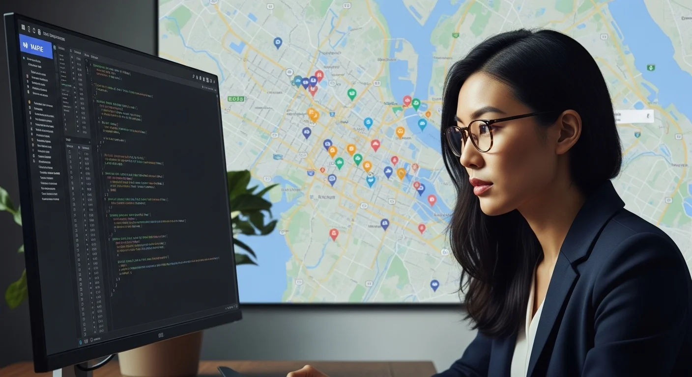 Un desarrollador analizando código de una API de mapas (mapie) en un monitor, con un mapa interactivo en segundo plano mostrando coordenadas.