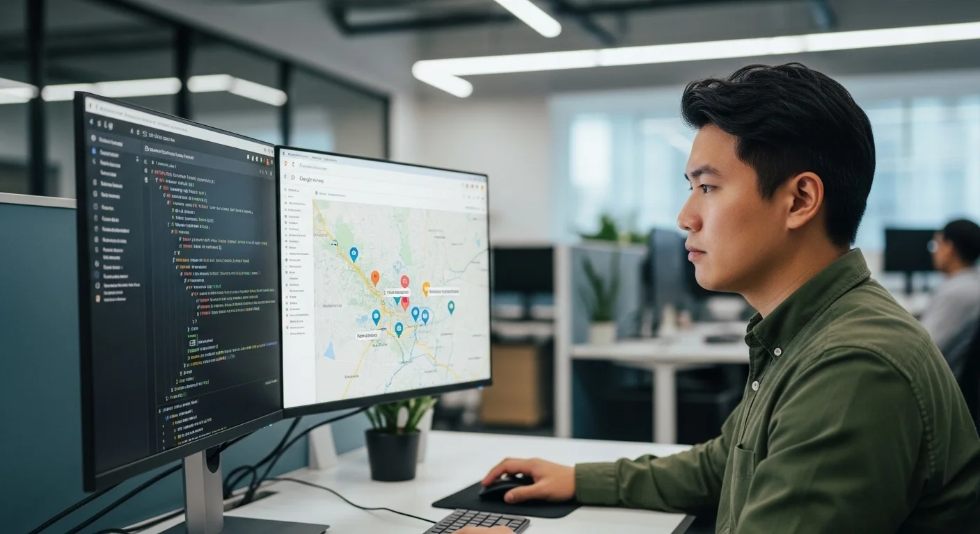 Un desarrollador trabajando en un ordenador que muestra código de la API de Google Maps junto a un mapa interactivo con marcadores personalizados.
