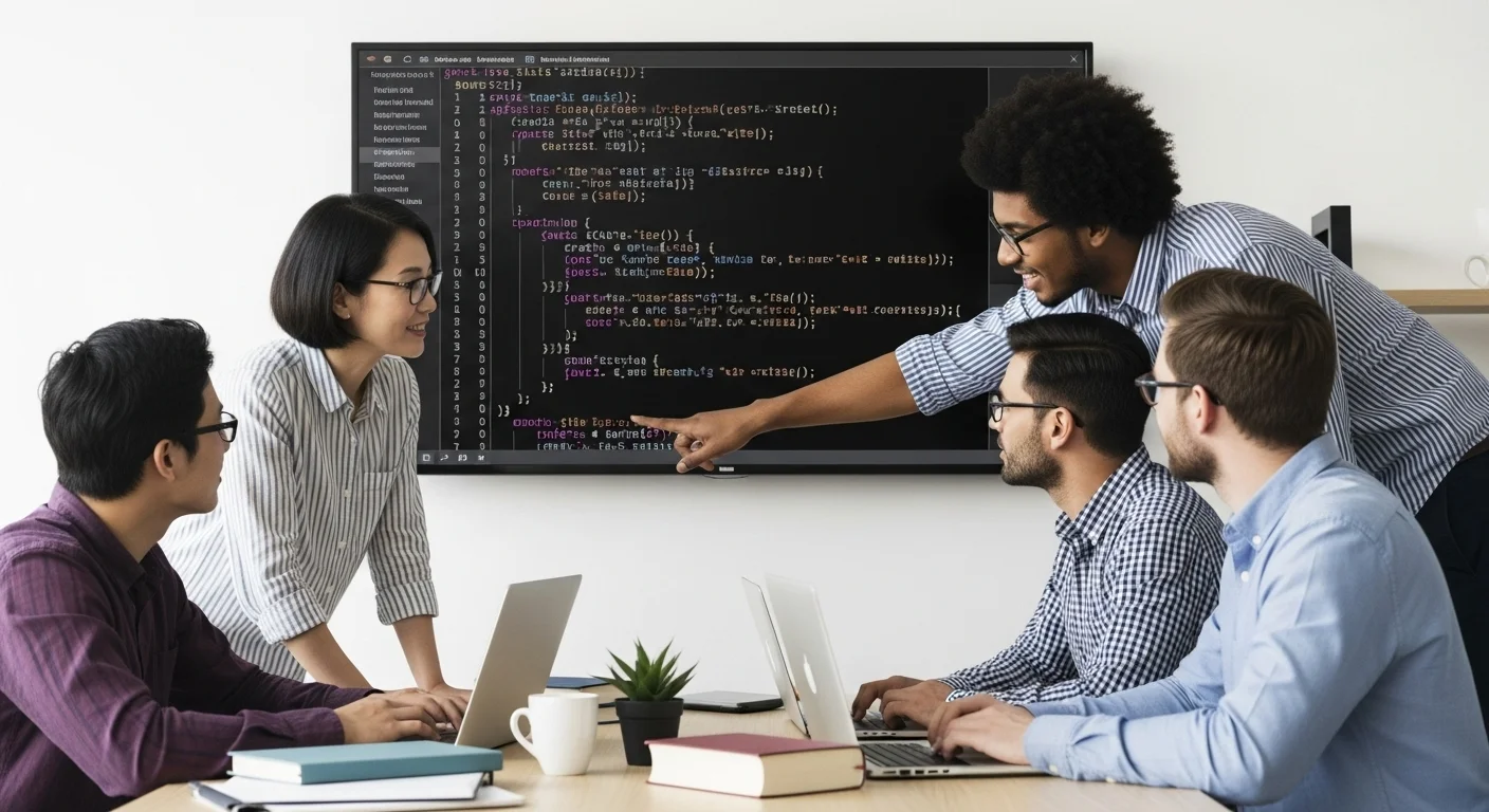 Un equipo de desarrolladores colaborando frente a una pantalla con código, representando el trabajo en ingeniería de sistemas y computación.